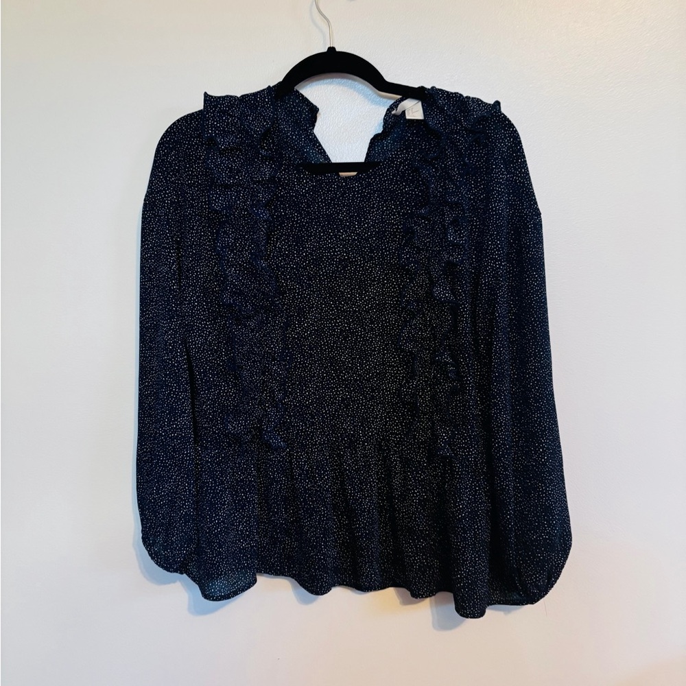 H&M blue and white polkadot long sleeve blouse with ruffles at the chest size 6